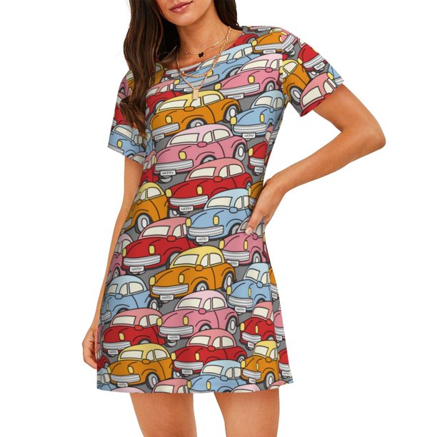 Balery Cute Cars Camisón de manga corta con cuello redondo para mujer, cómodo y elegante.