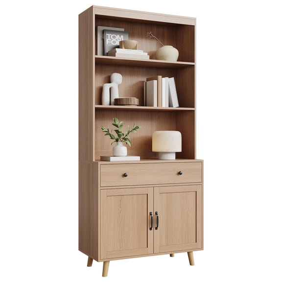 Garvee Tall Freestanding Wooden Bookcase with Storage Cabinet, Doors & Drawers – 72.4" Display Bookshelf for Living Room, Bedroom, Home Office, Kitchen, Natural Wood Finish, with Upper Storage