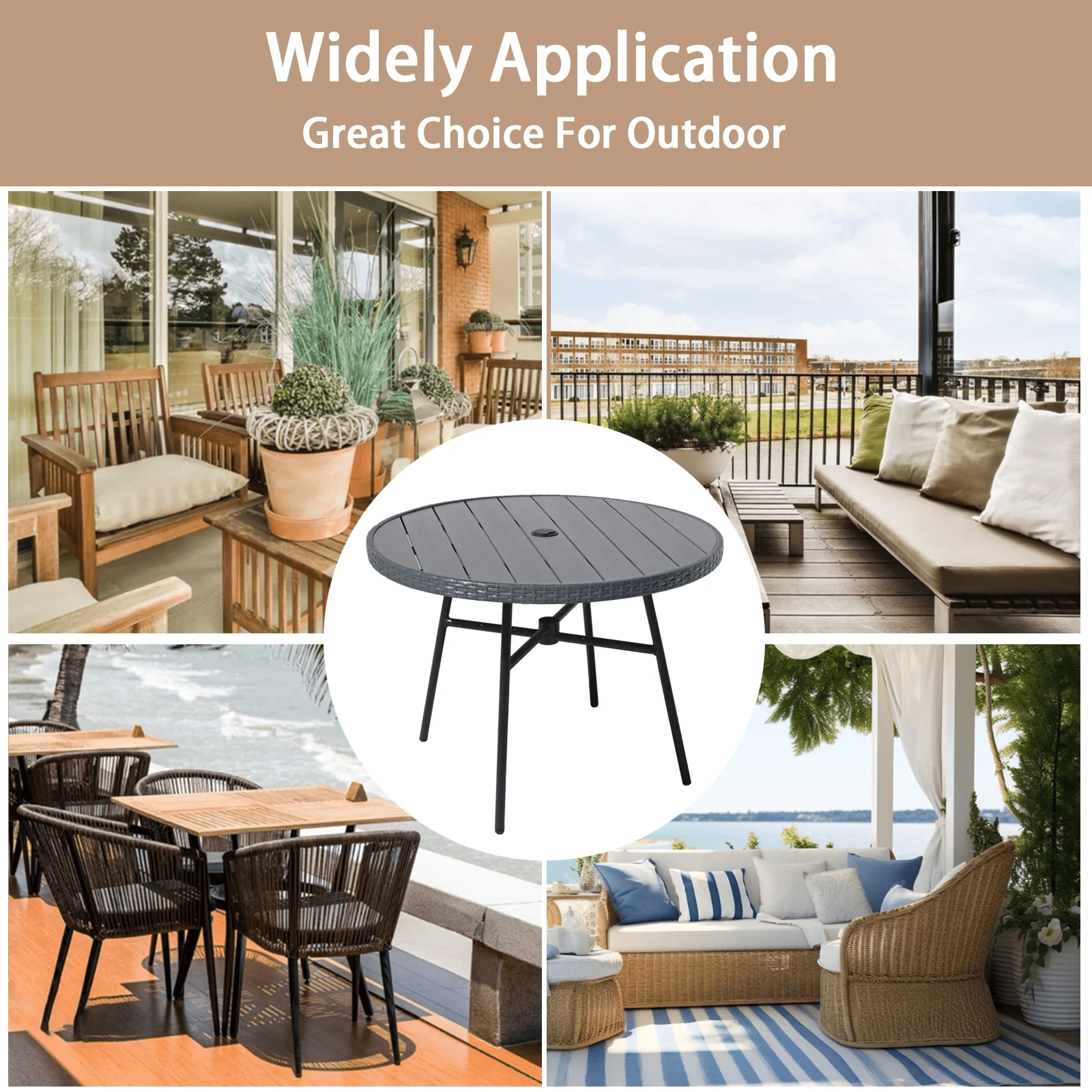 Outdoor Patio Round Dining Table, 36.8" All-Weather Plastic Wood Slatted Top with Adjustable Umbrella Hole, Ideal for Deck Lawn Garden Backyard, Seats 4-6