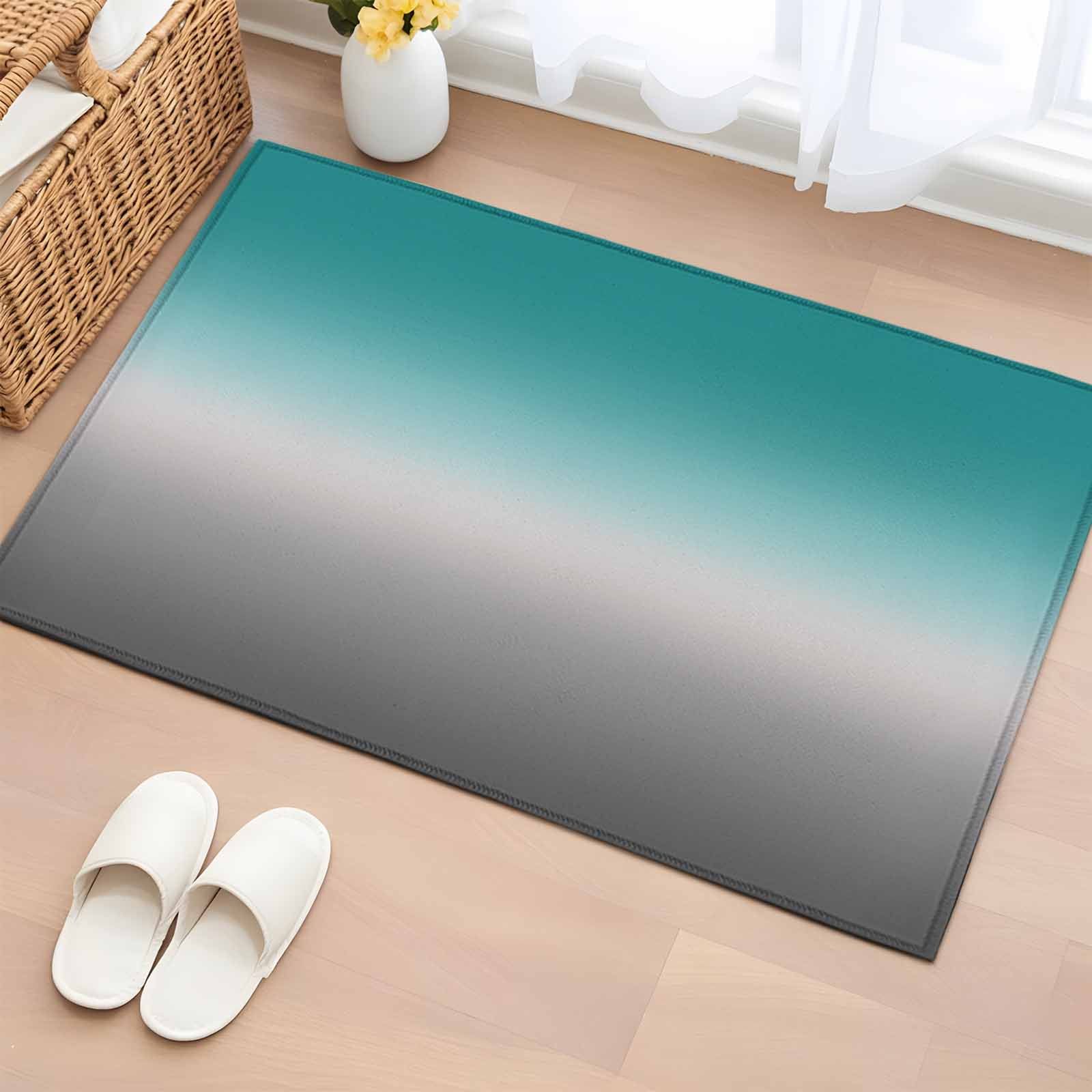 Teal Grey Ombre Bathroom Mat 2x3 FT, Non Slip Small Kitchen Mat, Turquoise Gradient Modern Abstract Art Washable Soft Backed Front Door Throw Rug Indoor Outdoor Doormat for Entryway Sink