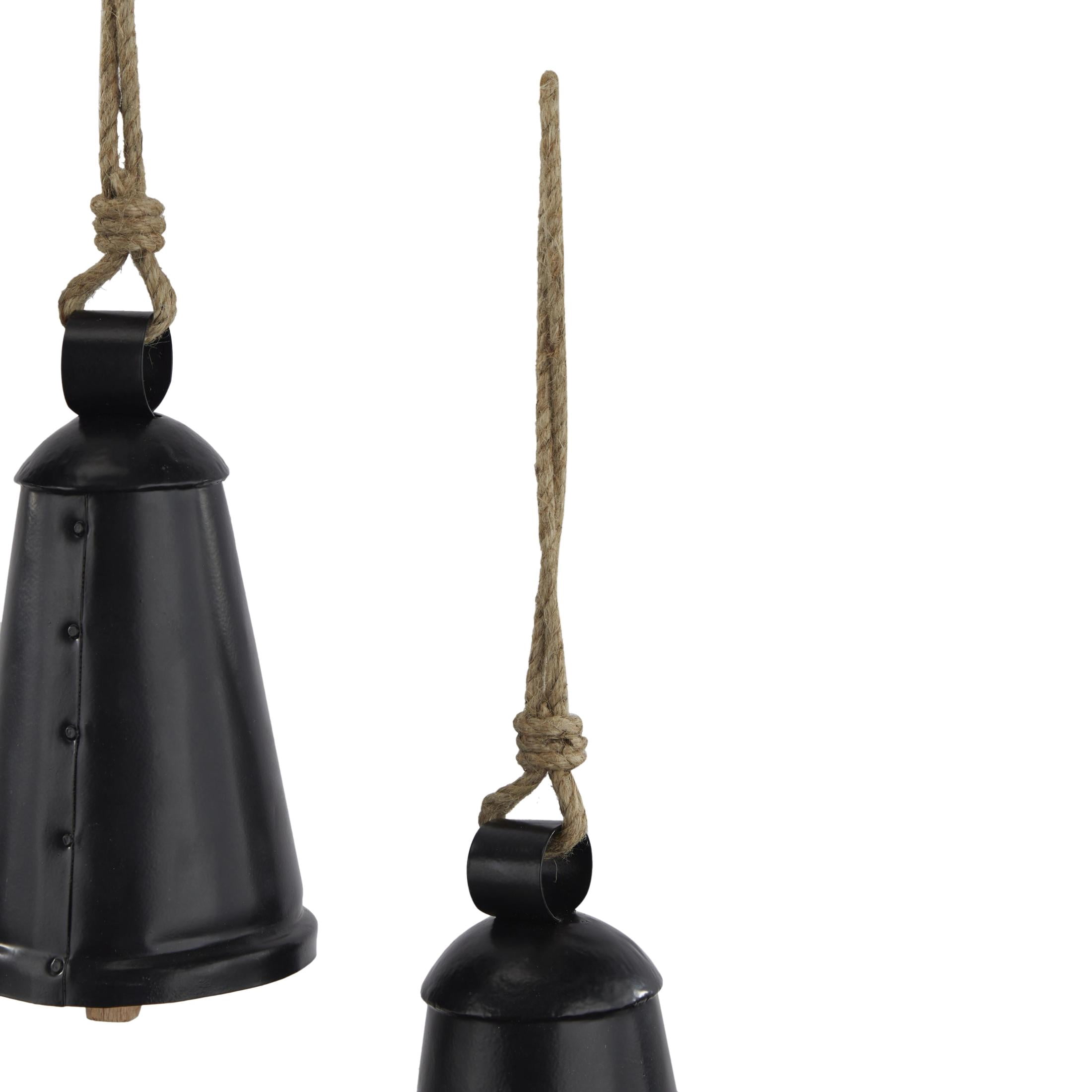 DecMode Tibetan Inspired Black Metal Conical Decorative Cow Bells with Jute Hanging Rope, 3 Count