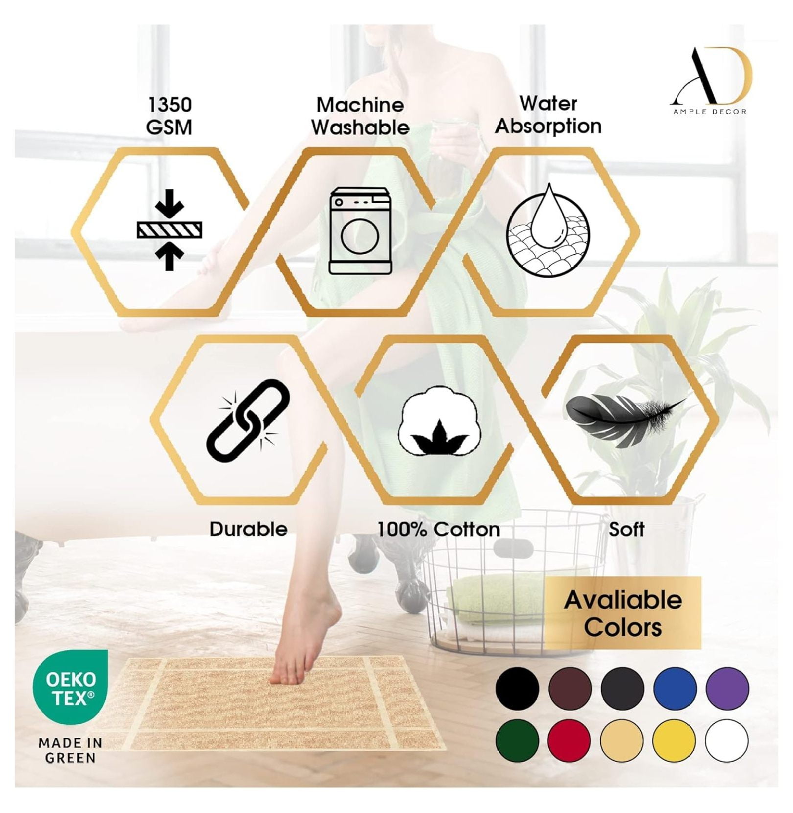 100% Cotton Bath Mats 24 x 17 Inches, Quick Dry, 1350 GSM Banded Border Shower Bathroom Floor Mat, Not Bathroom Rug - White, Pack of 6