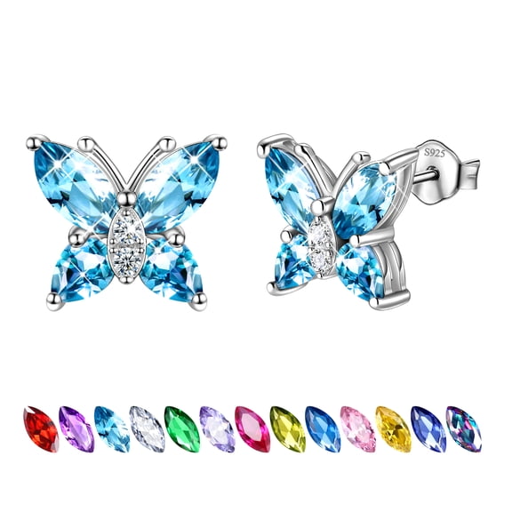 Juwaliy March Birthstone Earrings Blue Butterfly Earring Stud Aquamarine 925 Sterling Silver Women Jewelry Wife Valentines Christmas Mother's Day Gift