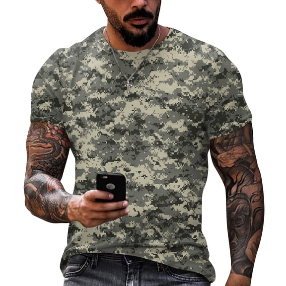 Dresfit Camo Shirt Mens Camouflage Crew Neck Work Out Tops Short Sleeve Relaxed Fit Musle Athletic Tees Big and Tall Cotton T Shirts Light Gray 2XL