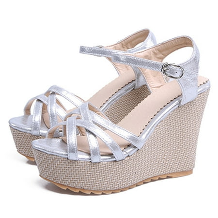 

Alueeu Women s sandals Womens Leather Heel Platform Wedges Open Toe Casual Ankle Buckle Strap Sandals