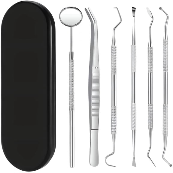 XIRQI Dental Cleaning Tools Set,Medical Grade Metal Dental Hygiene Set Kit with Mouth Mirror Tartar Dental Scaler Tweezer Tooth Scraper and Metal Case for Personal,Family & Pet Oral Care Use