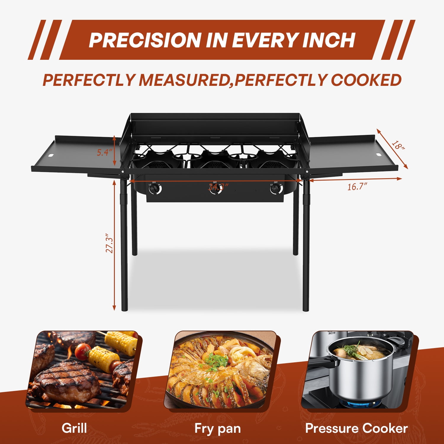 3 Burner Outdoor Camping Stove,20PSIG Regulator,225,000 BTU Propane Gas Stove with Windscreen & Side Table & Cover for Outdoor Cooking BBQ and Backyard Cooking
