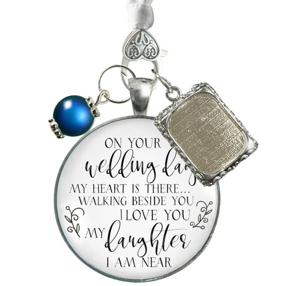 Bouquet Charm on Your Wedding Day Mom Dad White Silvertone Blue Memorial Photo Frame