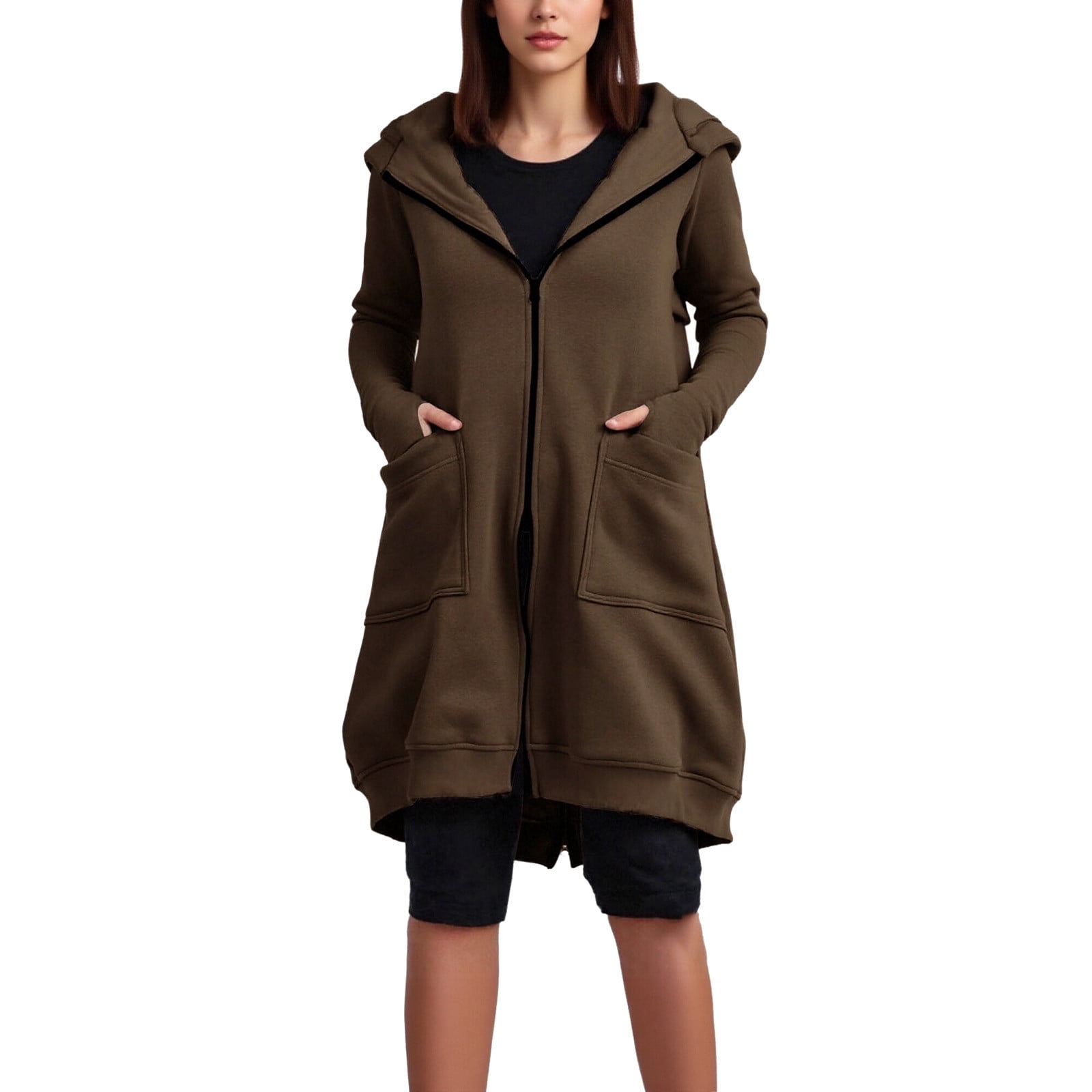 Maxi Hoodie with Thumb Holes Sevevn Women's Solid Color Jacket Fleece Casual Zipper Long Sleeve Pocket Hooded Long Sweater Brown S