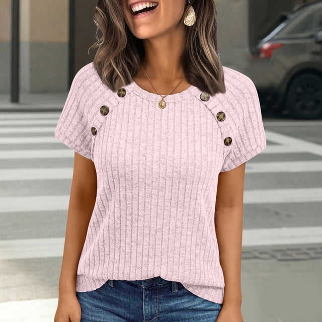 TaTaai Women’s Casual Round Neck Button Blouse Short Sleeve Raglan Loose Fit Solid Color Ribbed Texture T Shirts Soft Polyester Summer Holiday Wear Gift