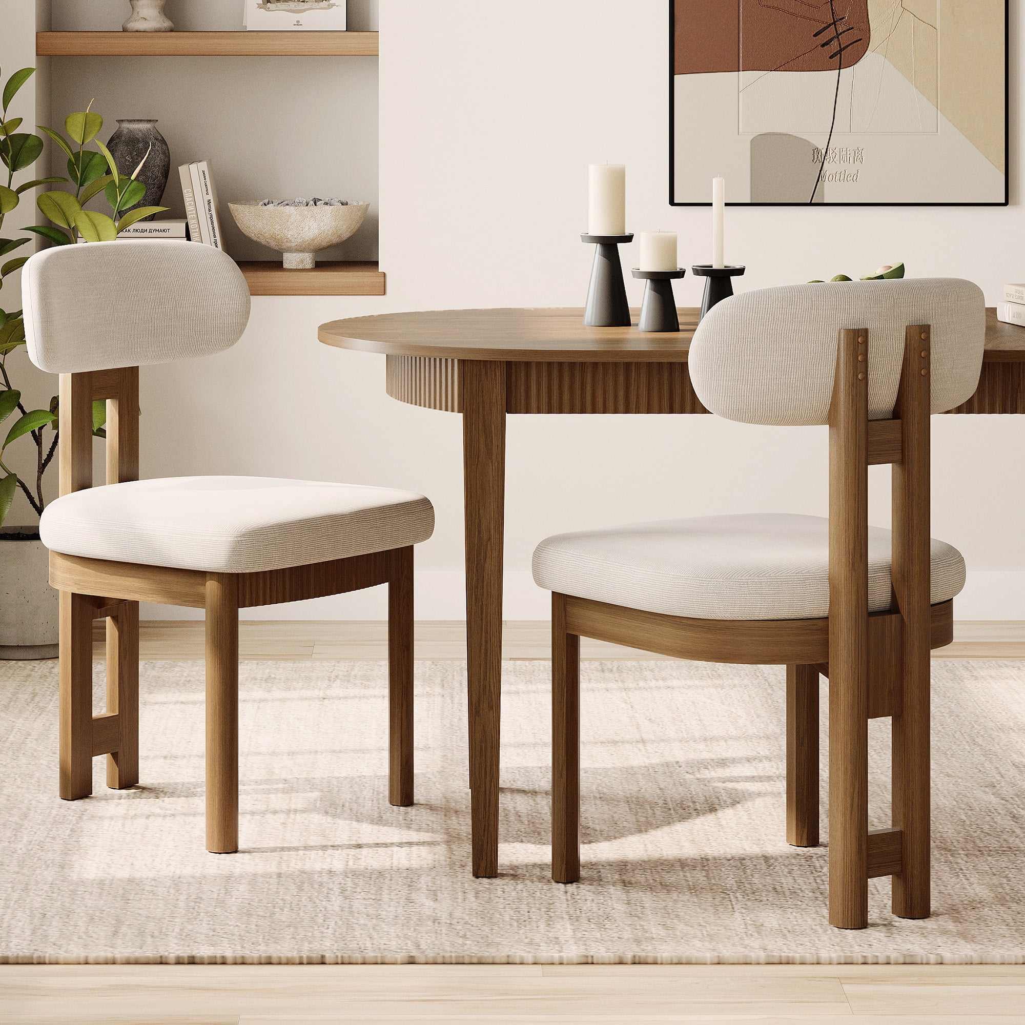 Mid-Century Modern Dining Chairs Set of 6,Polyester Linen Fabric Kitchen Chairs with Solid Wood Legs and Fluted Apron, Armless Side Chairs with Curved Backrest For Dining Room, Living Room