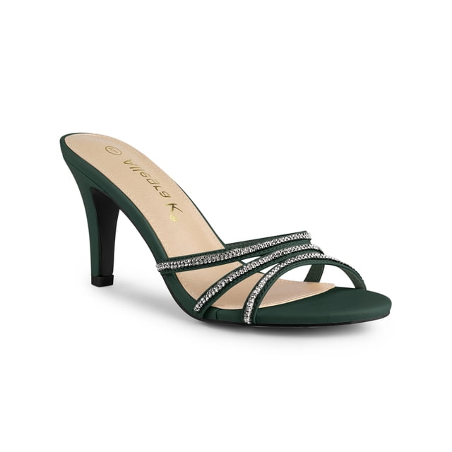 BLISSFUL STEP Women's Triple Strap Rhinestone Mules Open Toe Stiletto Heel Slide Sandals Dark Green 7