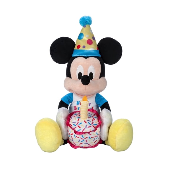 Disney Store Official Happy Birthday Mickey Mouse Stuffed Animal with Plush Cake, Candle & Party Hat - Embroidered Features, T-Shirt & Soft Mouse Ears for Kids