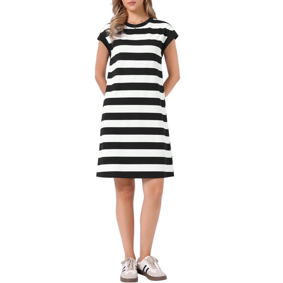INSPIRE CHIC Striped Dress for Women Crew Neck Cap Sleeve Color Block Casual Summer Tshirt Dresses S Black and White