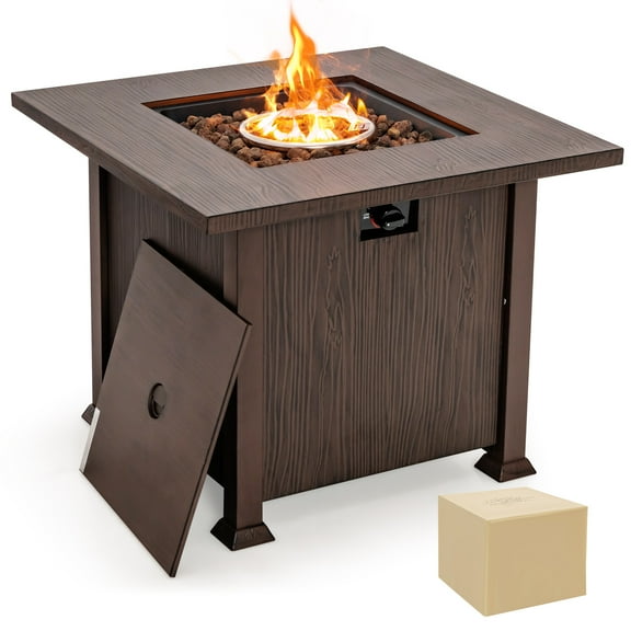 Patiojoy 32" Propane Fire Pit Table 50,000 BTU Outdoor Propane Gas Fire Table with Wood-like Tabletop Lid and Lava Rocks with PVC Cover