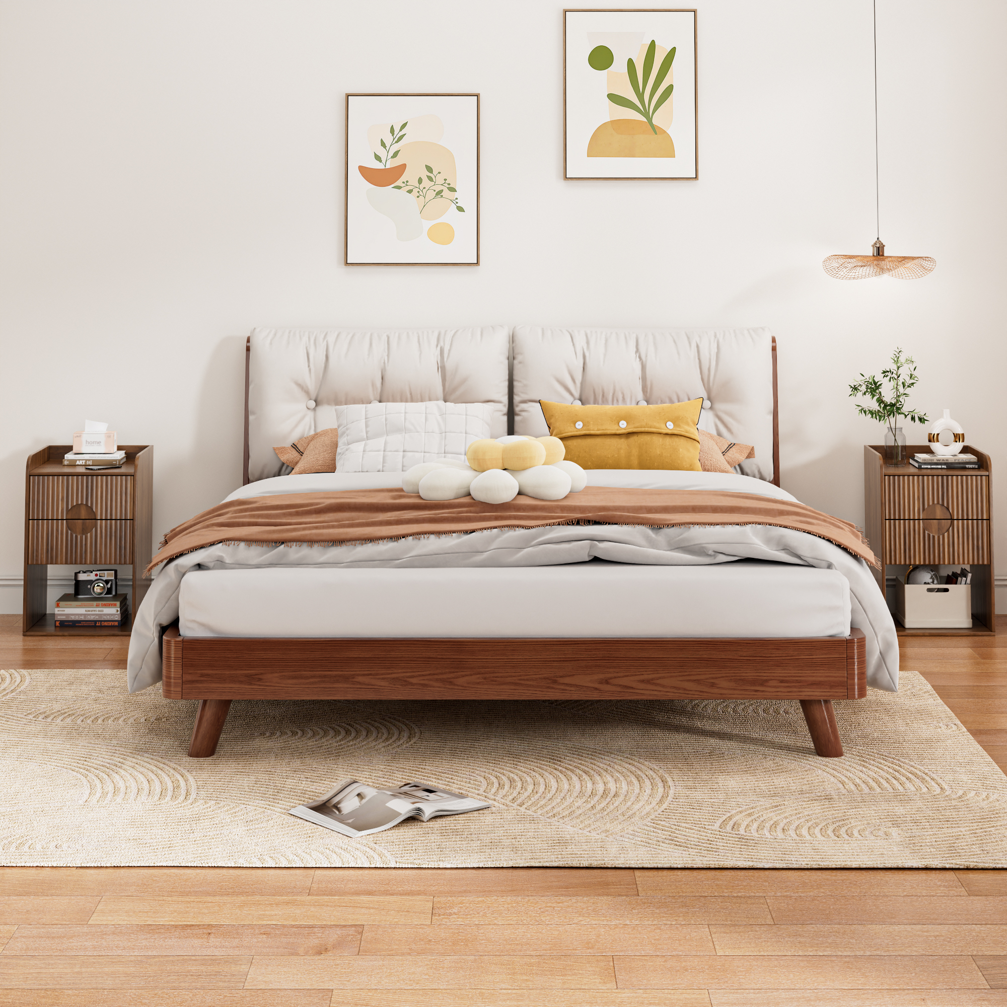 Nightstand Set of 2, End Table with Drawer, Fluted Side Table with Storage, Small bedside Table for Bedroom, Walnut