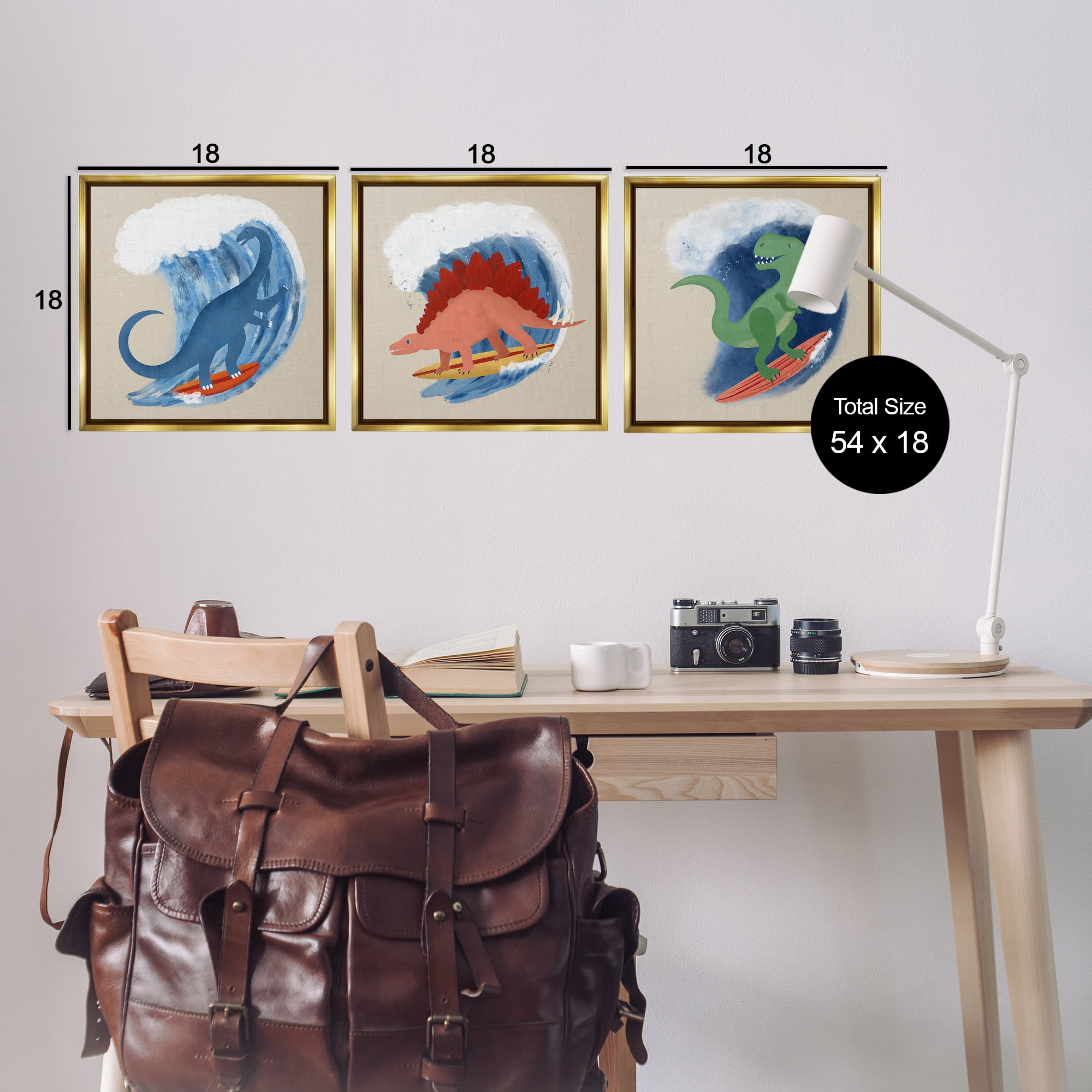Stupell Industries Dinos Surfing Beach Waves Animals Painting Gold Floater Framed Canvas Art Print Wall Art, 18 x 18, Set of 3