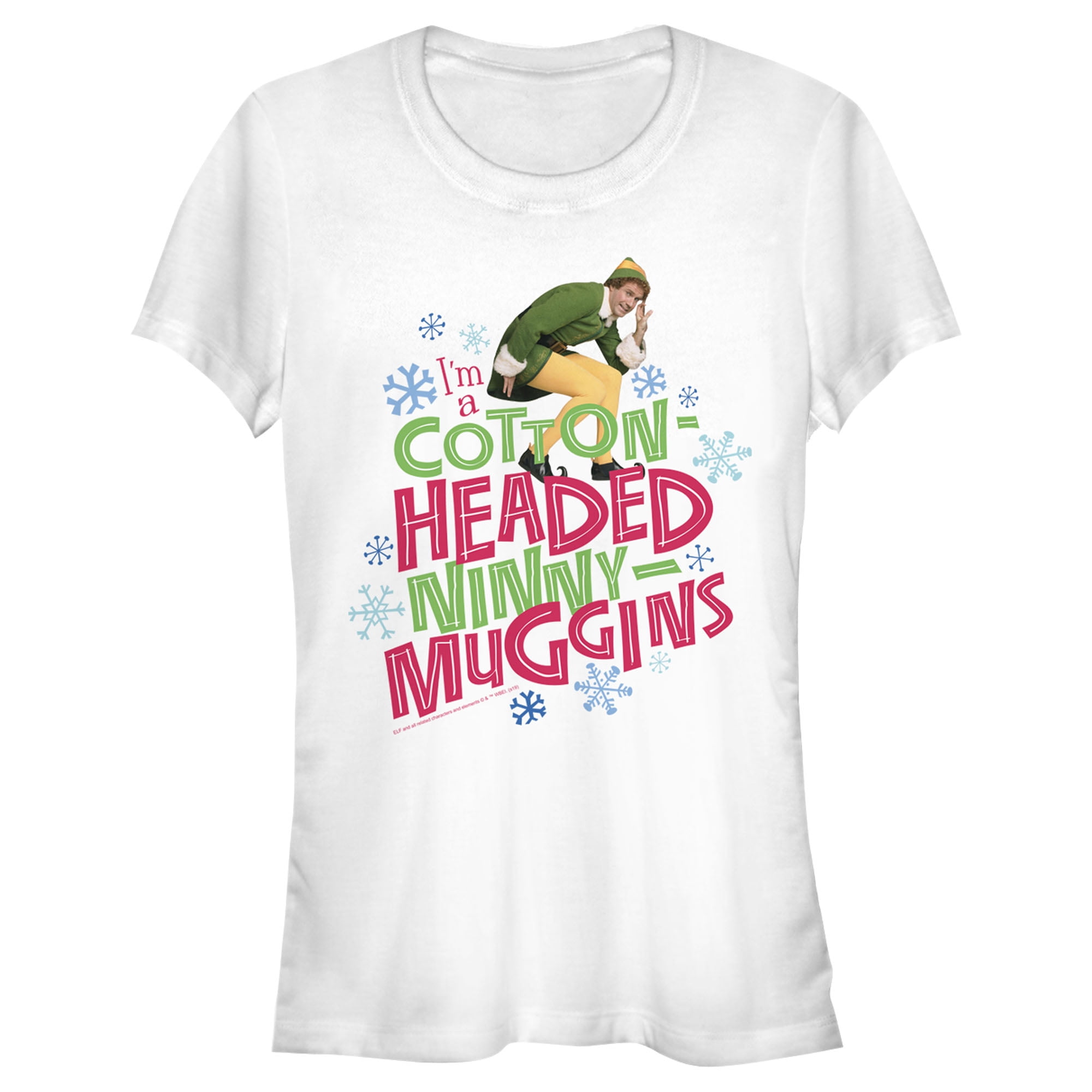 Junior's Elf CottonHeaded Ninny Muggins Graphic Tee White Small
