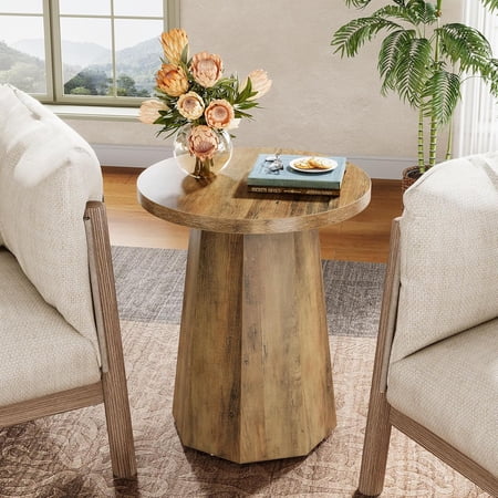 Tribesigns Farmhouse Round End Table Wooden Couch Side Table with Octagonal Base for Living Room Bedroom