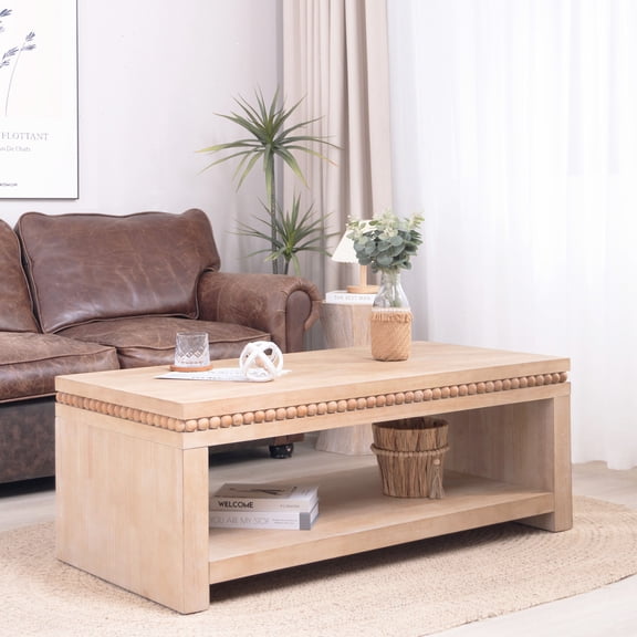 Coffee Tables Modern Wood Coffee Table with Beaded Trim – 47" Rectangular Coffee Table with Open Storage Shelf, Light Natural Finish – Farmhouse & Coastal Living Room Furniture,Wooden Coffee Tables