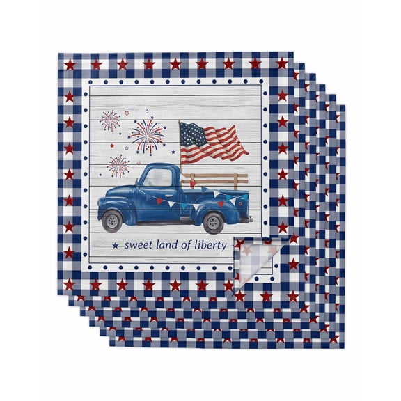 Independence Day Cloth Napkins Set of 6 Reusable Dinner Napkins, Blue Fireworks Flag Star Buffalo Plaid Cocktail Napkin Washable Table Napkins for Wedding/Holiday Party/Baby Shower 20"x20"
