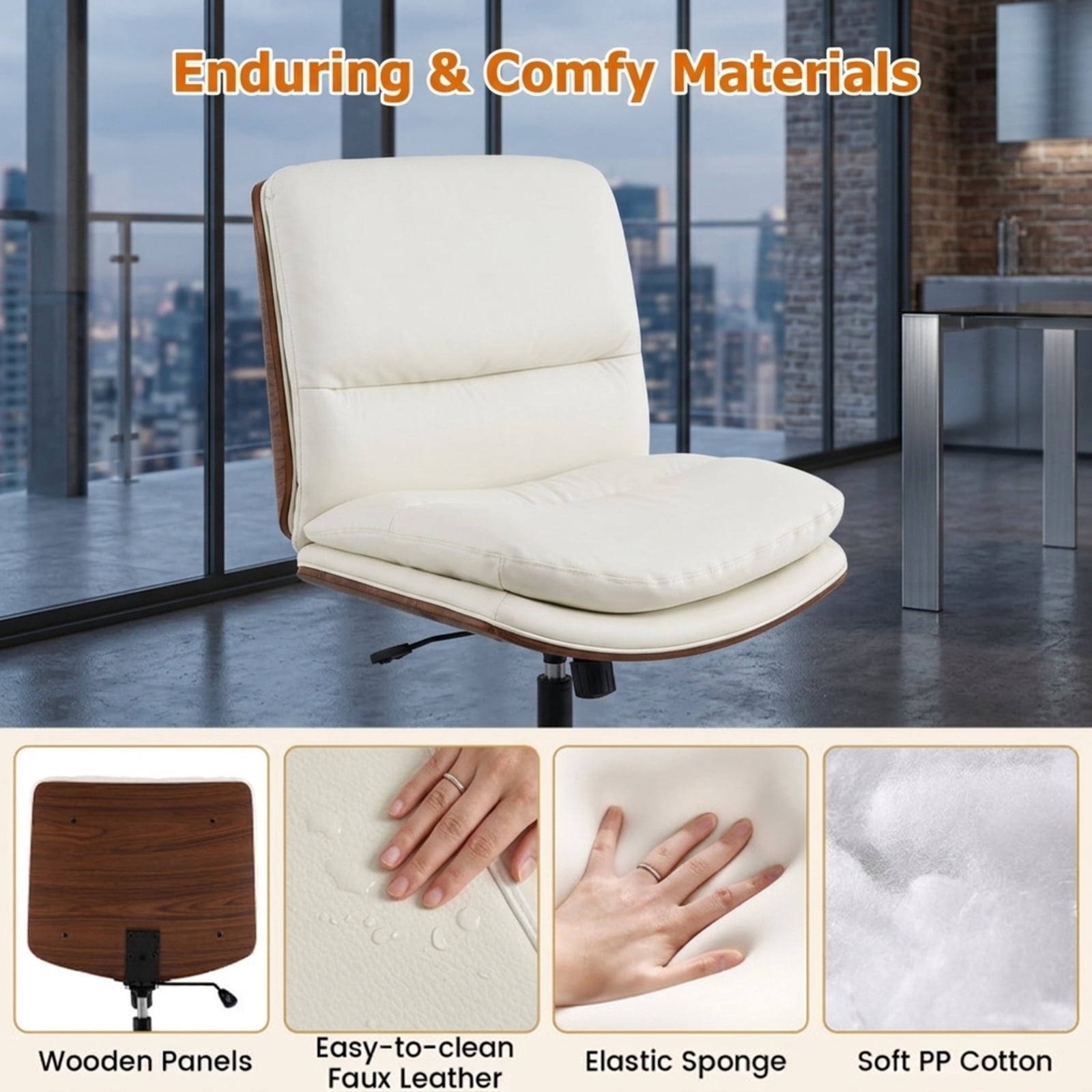 Furnibear Armless Office Chair with Curved Backrest and Padded Faux Leather Seat Small Rolling Vanity Task Chair for Home Office Bedroom Study, White