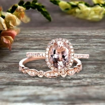 2.50 Carat Morganite Wedding Set Engagement Ring 8x6mm Oval Shaped Art Deco Bridal Ring On 10k Rose Gold