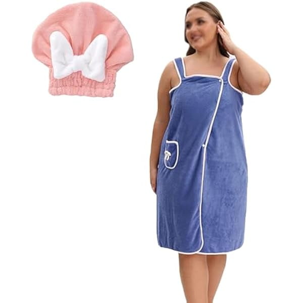 wonima11 Plus Size Bath Skirt & Shower Cap, Bath Towel Wrap and Shower Cap Set Plus Size, Adjustable Women Soft Wrap, 2-Button Design Adjustable Closure (Blue-Large)