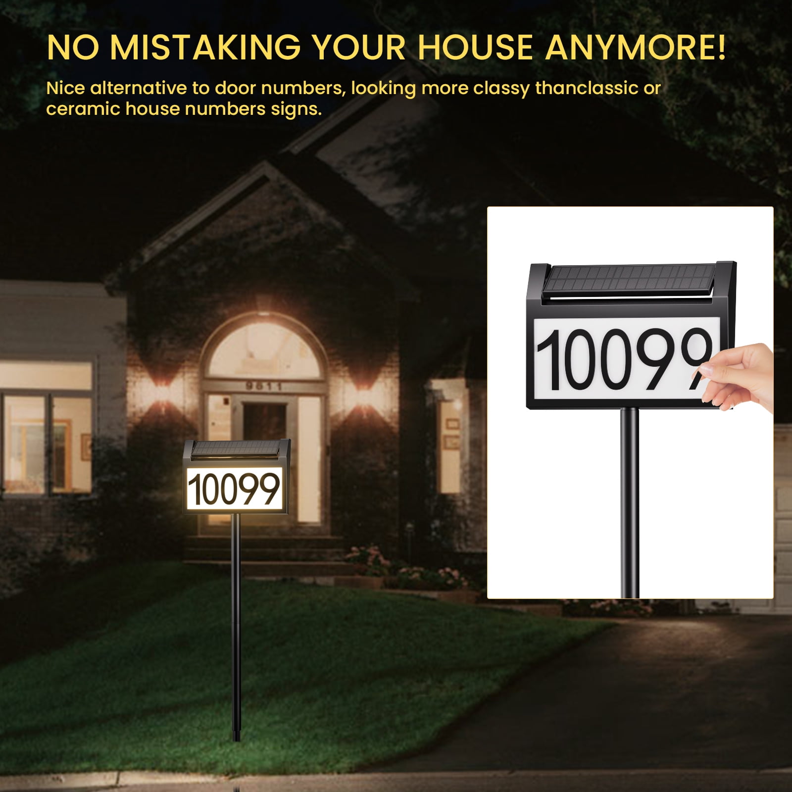 Solar Address Signs for Yard, Solar Powered House Numbers for Outside Light Up with 3-Color in 1, IP65 Waterproof LED Illuminated Plaques In Ground for Patio, Garden