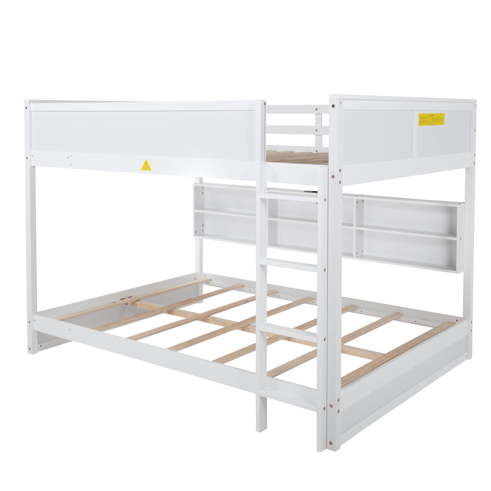 Leumius Queen over Queen Size Bunk Bed Frame with Built-in Storage Cabinets,Charging Station,Ladder,Safety Guardrails,Solid Pine Wood Bunk Bed for Boys Girls White