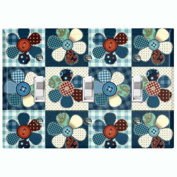 Metal Light Switch Plate Outlet Cover (Flower Patch Teal - Triple Toggle)