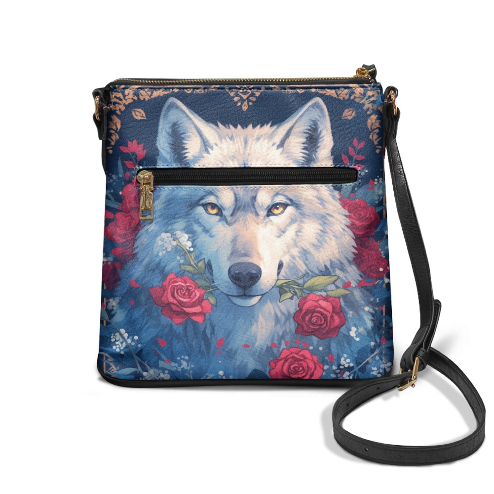 LedBack Wolf Print Leather Shoulder Handbags Crossbody Satchel Purse Zipper Pocket Hobo Bag with Adjustable Strap Multi Pockets, Blue