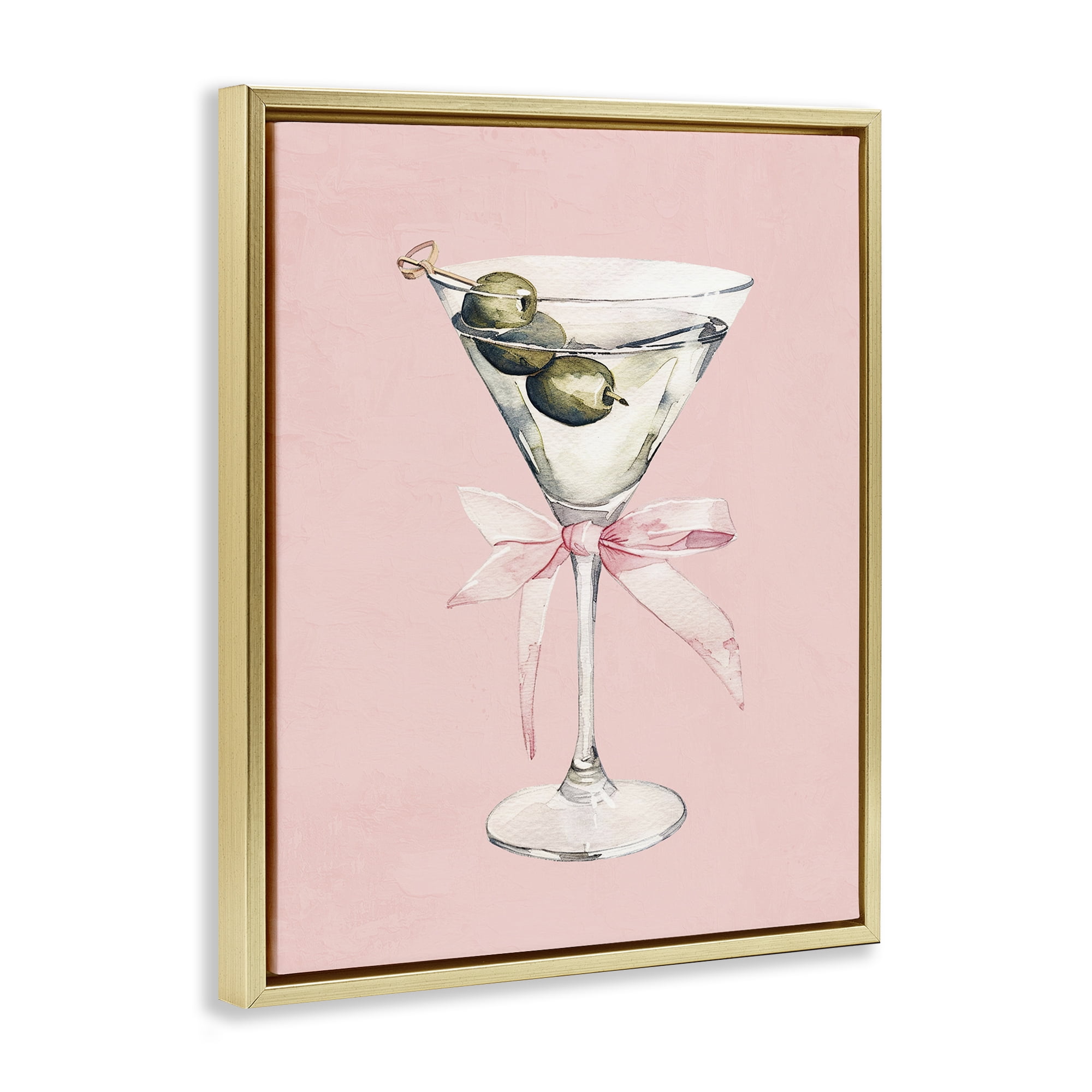 Stupell Industries Martini with Pink Bow Gold Framed Floater Canvas Wall Art, design by Kim Allen