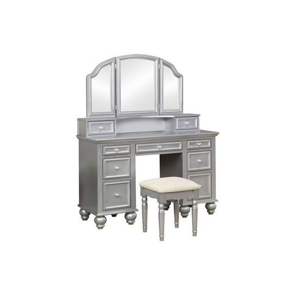 Cael 60 Inch Vanity Desk with Stool Drawers 3 Sided Mirror Silver Wood