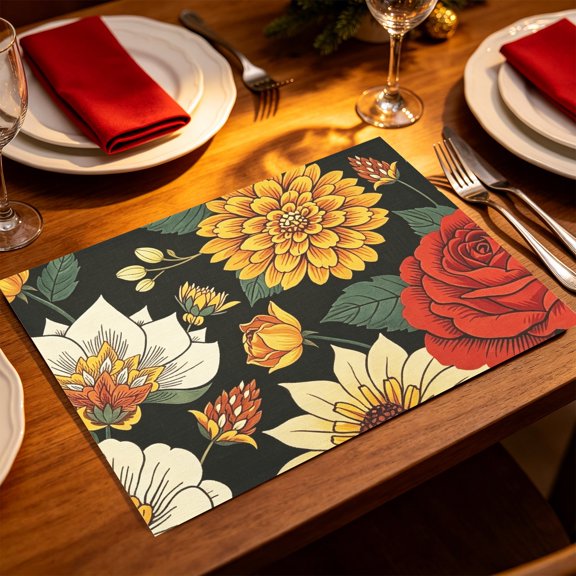 1/4/6PCS Red Blue USA Flag Star Firework Botanical Printed Placemat, Kitchen Dining Table Mat Holiday Party Decor Gift Thanksgiving Christmas