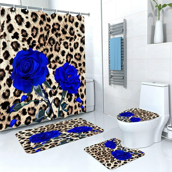 Heavenly Designs Watson Bathroom Accessories - Blue Rose and Leopard Print 80 x 80 inches Polyester Shower Curtain Set - Any Age Group