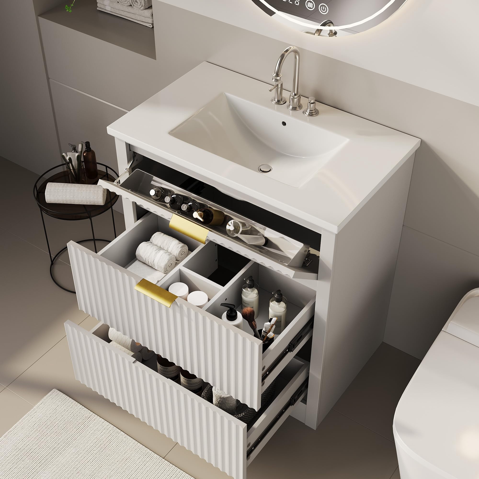 24" Fluted Bathroom Vanity with Sink, Farmhouse Freestanding Bathroom Sink Cabinet with 2 Drawers & 1 Flip-Down Drawer, Easy Assembly & Cleaning, White