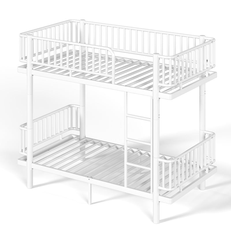 Twin-over-Twin Teens Bunk Bed Can Transformed into 2 Platform Beds, Metal Kids Bed Frame with Round-Pipe, Ladder & Guardrails