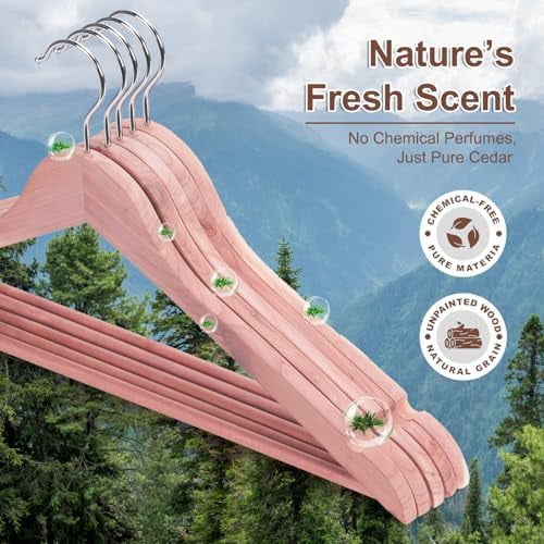 Cedar Hangers for Closet 20 Pack, Smooth Cedar Wood Hangers with Rings, 360° Swivel Hook, U-Shape Notched, Non Slip Pant Bar, Sturdy Wooden Clothes Hanger for Coats, Dresses, Suits