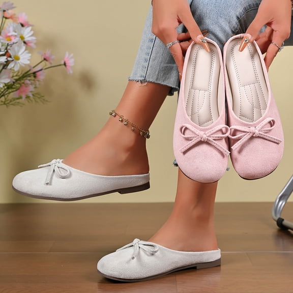 Women's Wide Width Bow Accent Mule Flats, Closed Toe Backless Slippers with Faux Suede Upper, Comfortable Casual Summer Shoes for Dress & Jeans, Multi-Color