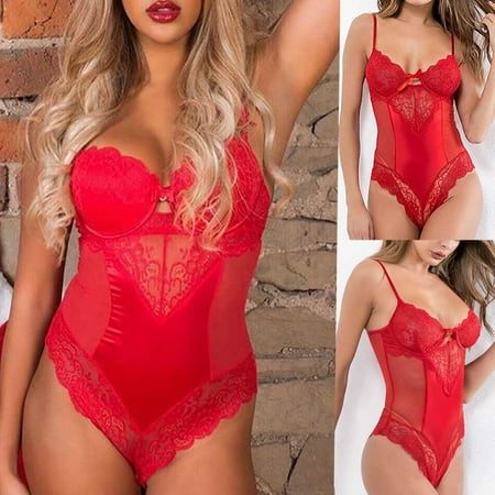 

UoCefik Women s Plus Size See Through Teddy Lace Bodysuit for Women Spaghetti Strap Sexy Babydoll