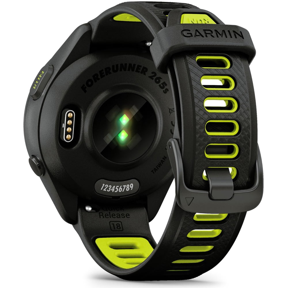 Garmin 010-02810-03 Forerunner 265S GPS Smartwatch, Black/Amp Yellow Bundle with Workout Cooling Sport Towel + Deco Essentials Wearable Commuter Front & Rear Safety Light