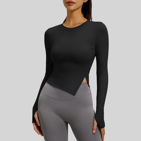 Womens Tops Long Sleeved Slit Sports Fitness Yoga Slim Suit Top,Tops for Women Black M