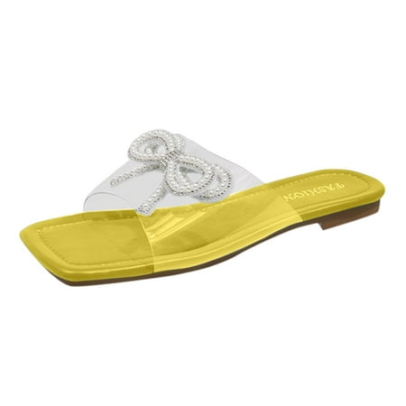 

uikmnh Women Slippers Sandals For Women Solid Flat Rhinestone Slippers Sandals Casual Shoes Yellow 7.5
