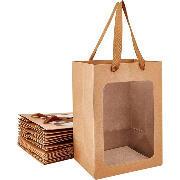 10 Packs Brown Kraft Paper Bags with Window 10x7x5 Gift Bags for Valentine's Day Party Favor Storage Flower Stroage Food Storage and More Multi-color