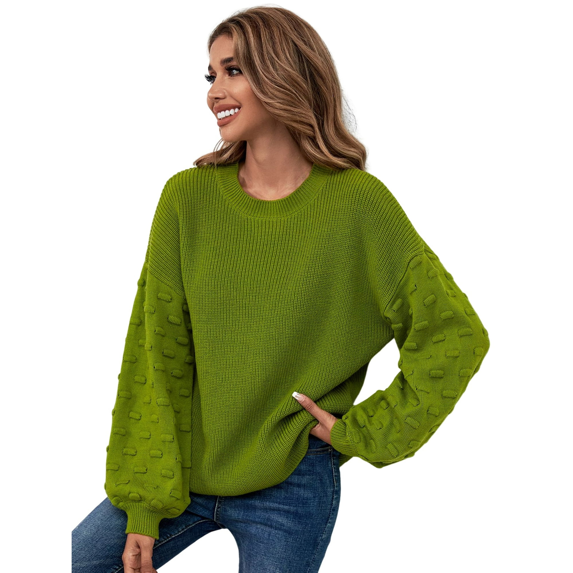 WIPONKEN Women s Crew Neck Oversized Green Sweater Long Sleeve Pullover Loose Ladies Sweater Women 30 Wool Casual Puff Sleeve Sweater for Winter Fall Walmart