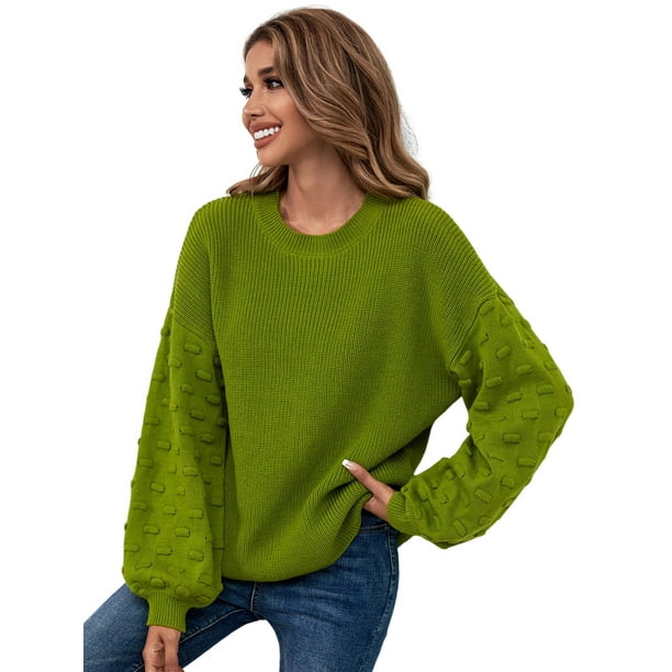 WIPONKEN Women's Crew Neck Oversized Green Sweater Long Sleeve