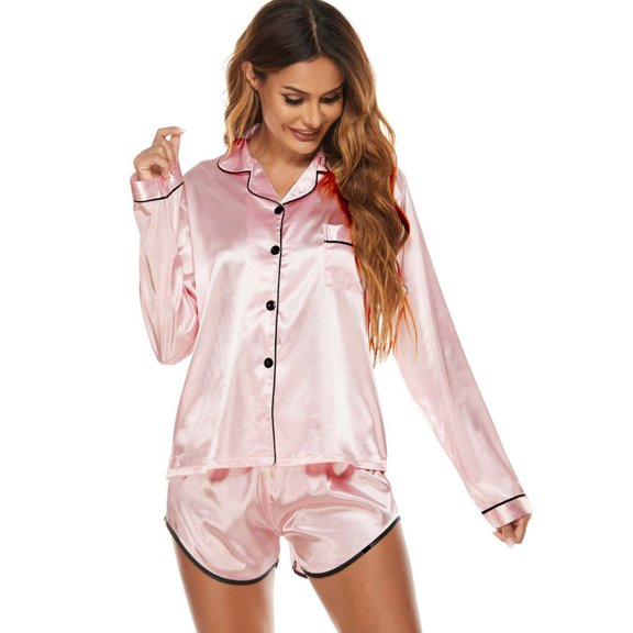 Simulated Silk Long Sleeve Shorts Home Clothes Pajamas for Women Pink XL