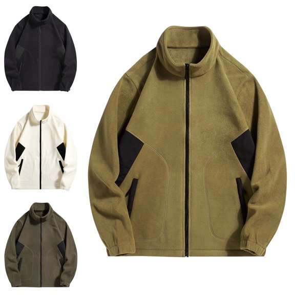 Babcutegg Mens Plus Size Full Zip Fleece Jacket Stand Collar Color Block Casual Warm Outerwear Coat with Pockets Black Size 2XL