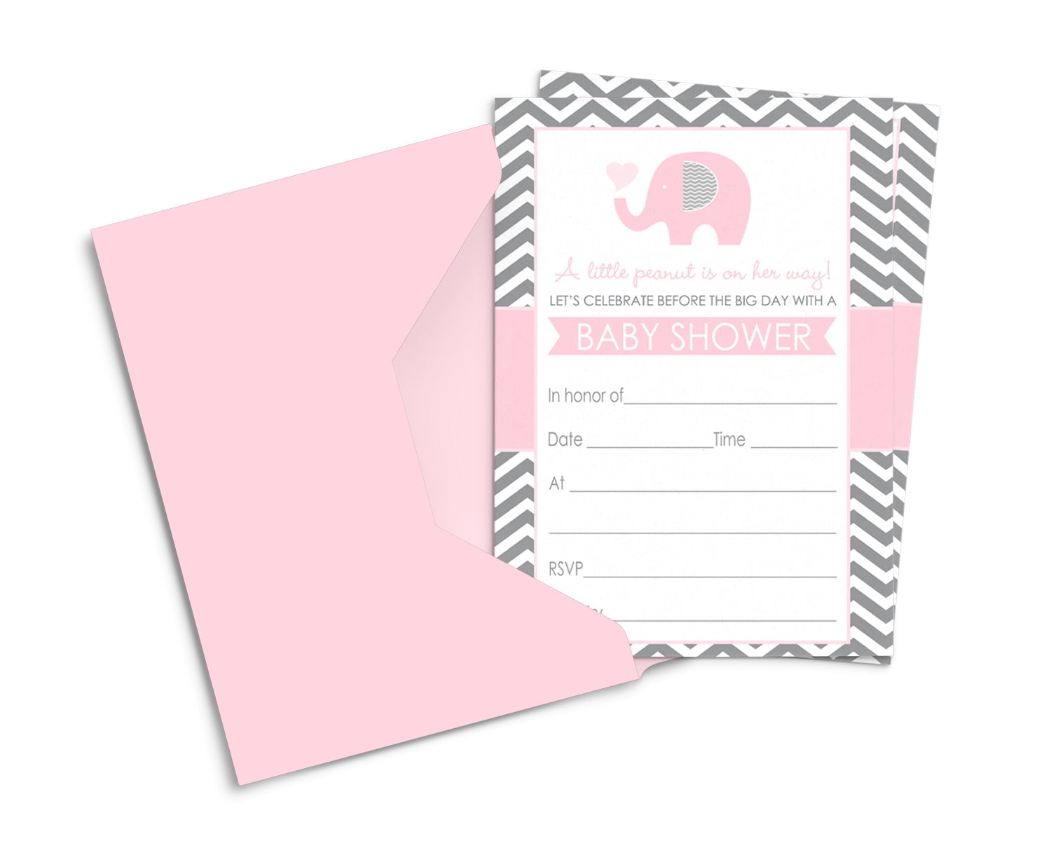 Pink Elephant Invitations and Envelope Pack of 15 Personalize Blank